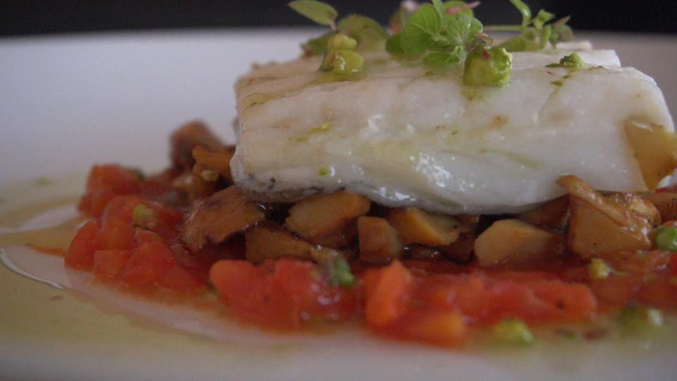 Bacalao confitado con Rosiñol, Tomate y Aceite de Pistacho