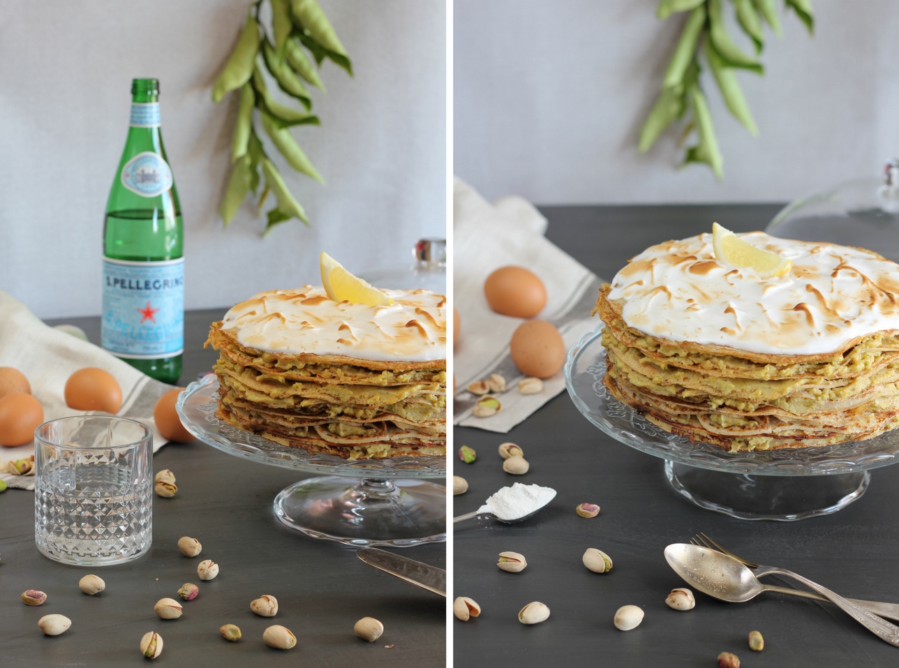 Tarta “mil crêpes” con crema de pistachos y merengue flambeado