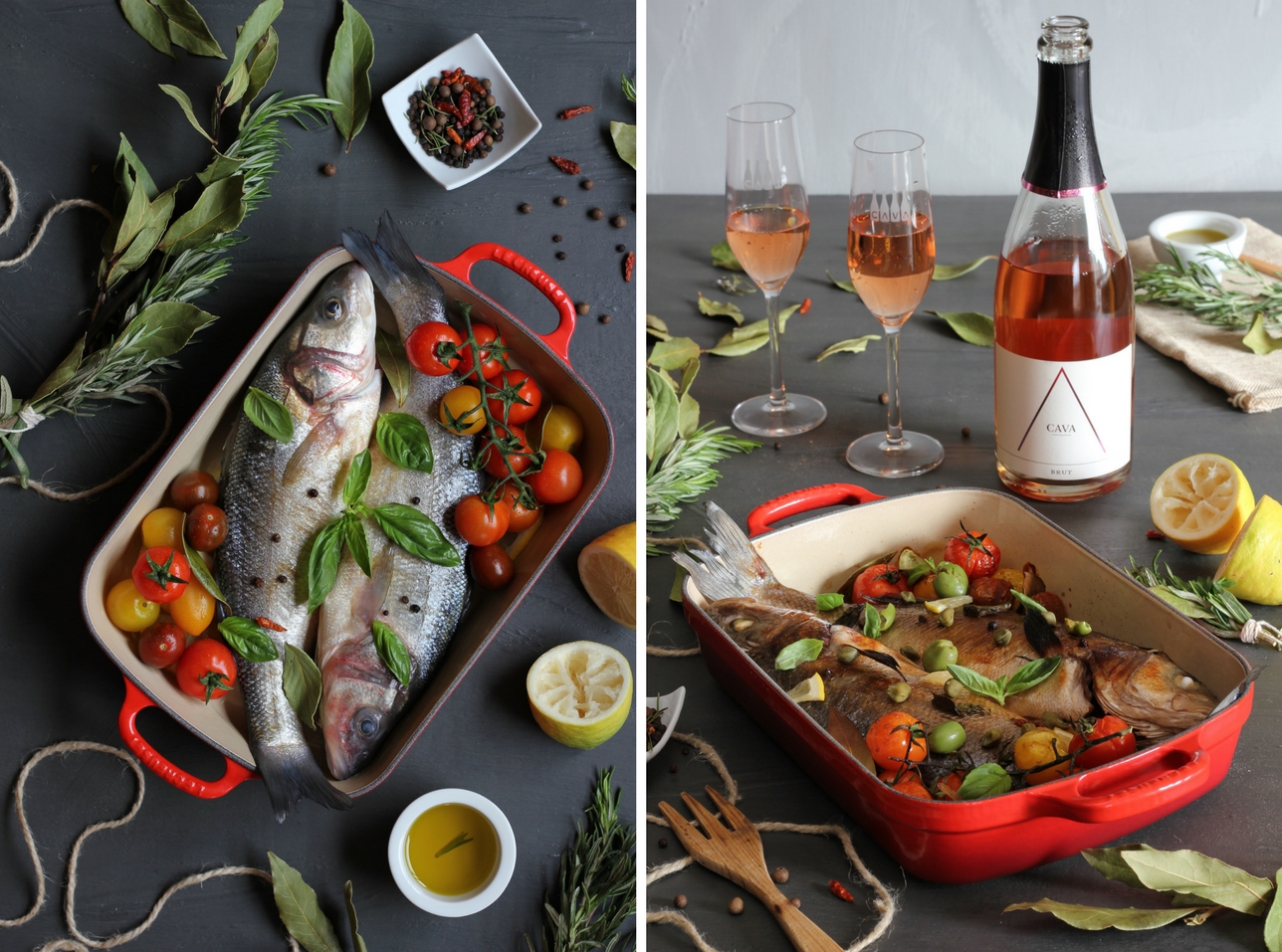 Lubina al horno con vinagreta mediterranea