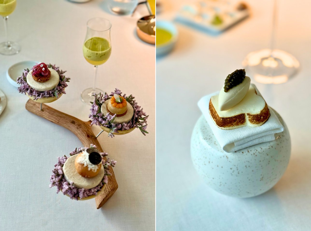 Petit fours salados (izquierda) y pan aéreo y caviar (derecha)