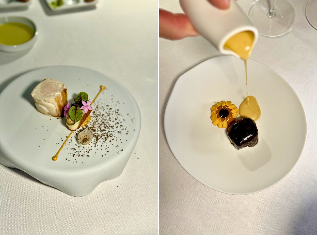 Cherne y chocolate blanco (izquierda) y panceta de cerdo y romescu (derecha)