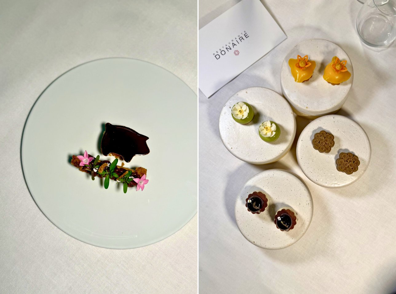 Chocopig (izquierda) y petit fours dulces (derecha)